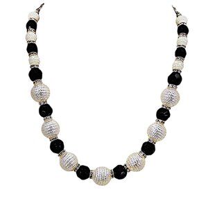Black and white bead necklace with white textured pearl beads, black glass beads
